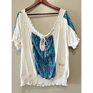 Coogi Womens white Top Y2K Smocking , resort ,boho ,statement Sz-XL
